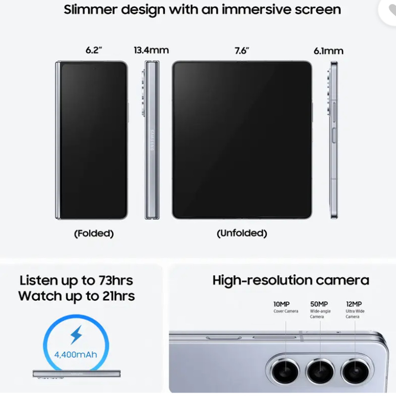 Composite image of Samsung Galaxy Z Fold 7. Left: unfolded phone running "Asphalt 9" game, with "Snapdragon 8 Gen 2 for Galaxy" logo. Right: partially folded phone displaying "Galaxy AI is here" on cover screen and rear camera module.