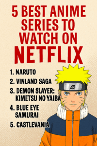 Close-up illustration of Naruto Uzumaki in his iconic orange outfit and headband, representing one of the best anime on Netflix.